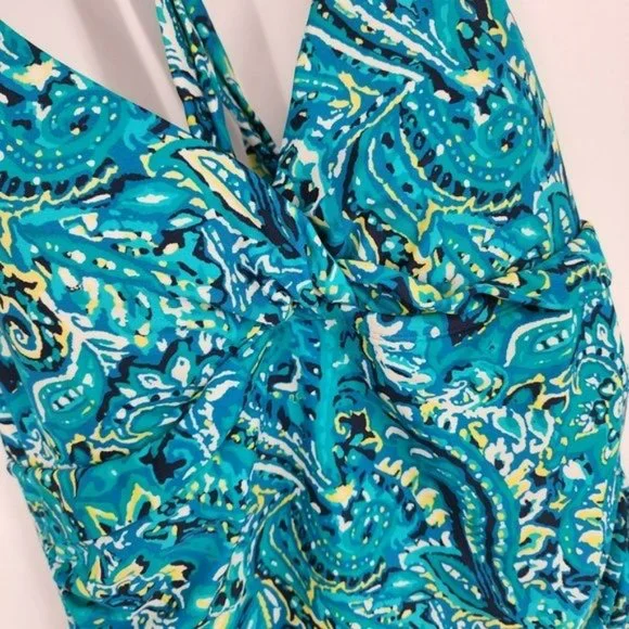 Chaps 12 Blue Green Yellow Abstract Paisley Neck Tie Padded Tankini Swimsuit Top - Picture 3 of 11